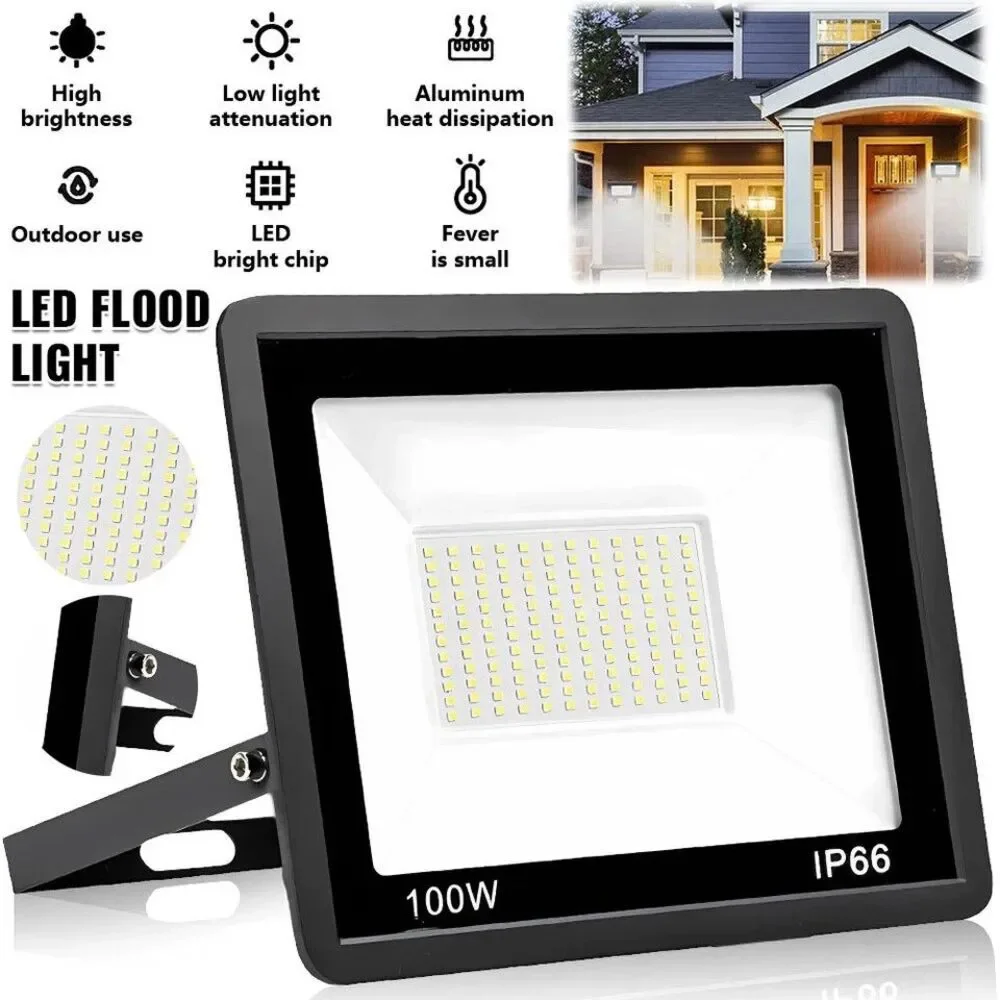 100W Led Flood Light Outdoor Security Garden Yard Spotlight Lamp IP66 Black